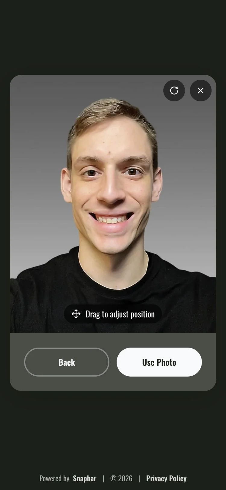 Snapbar guest experience on a phone: reviewing a captured photo