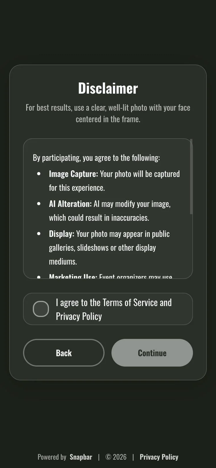 Snapbar guest experience on a phone: consent