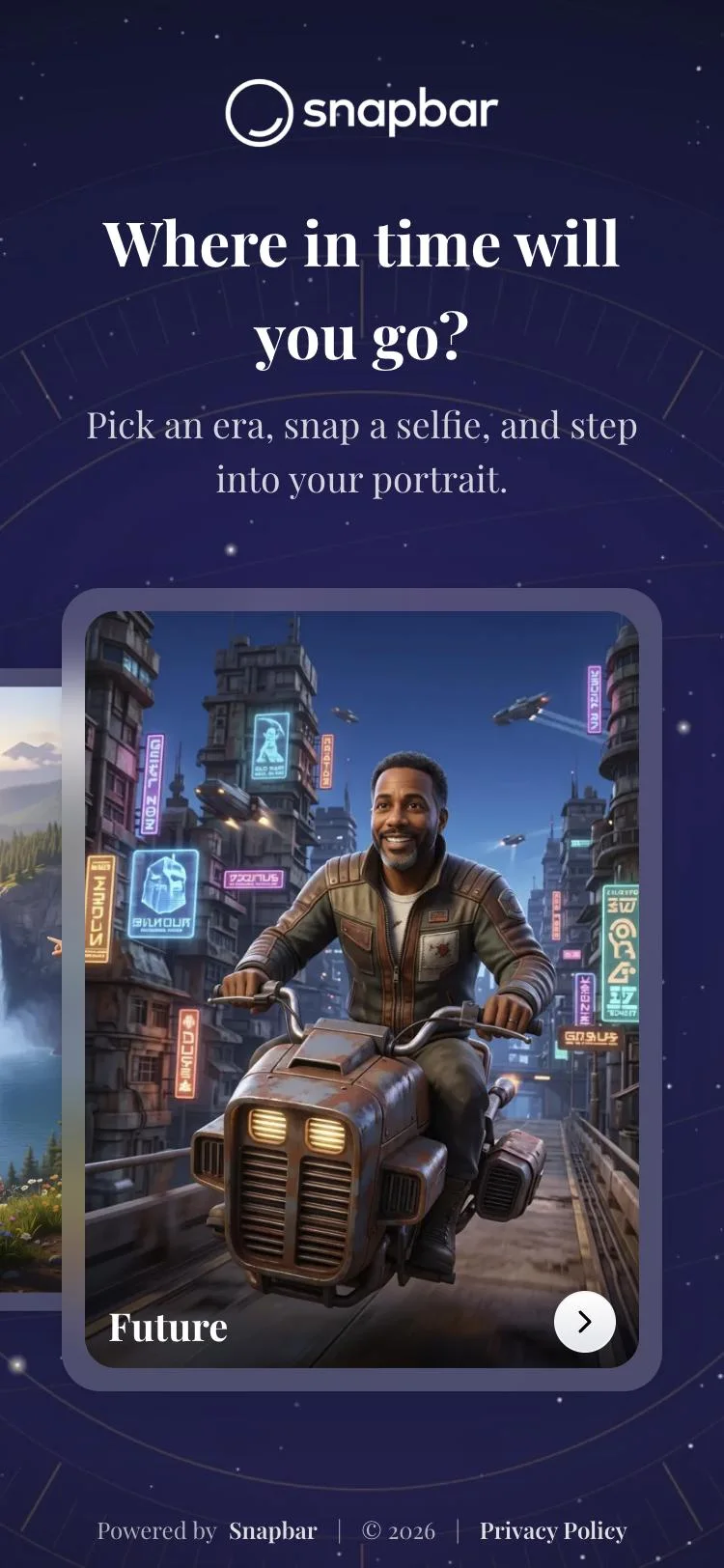Snapbar AI Photo Booth on a phone: a swipeable row of styles