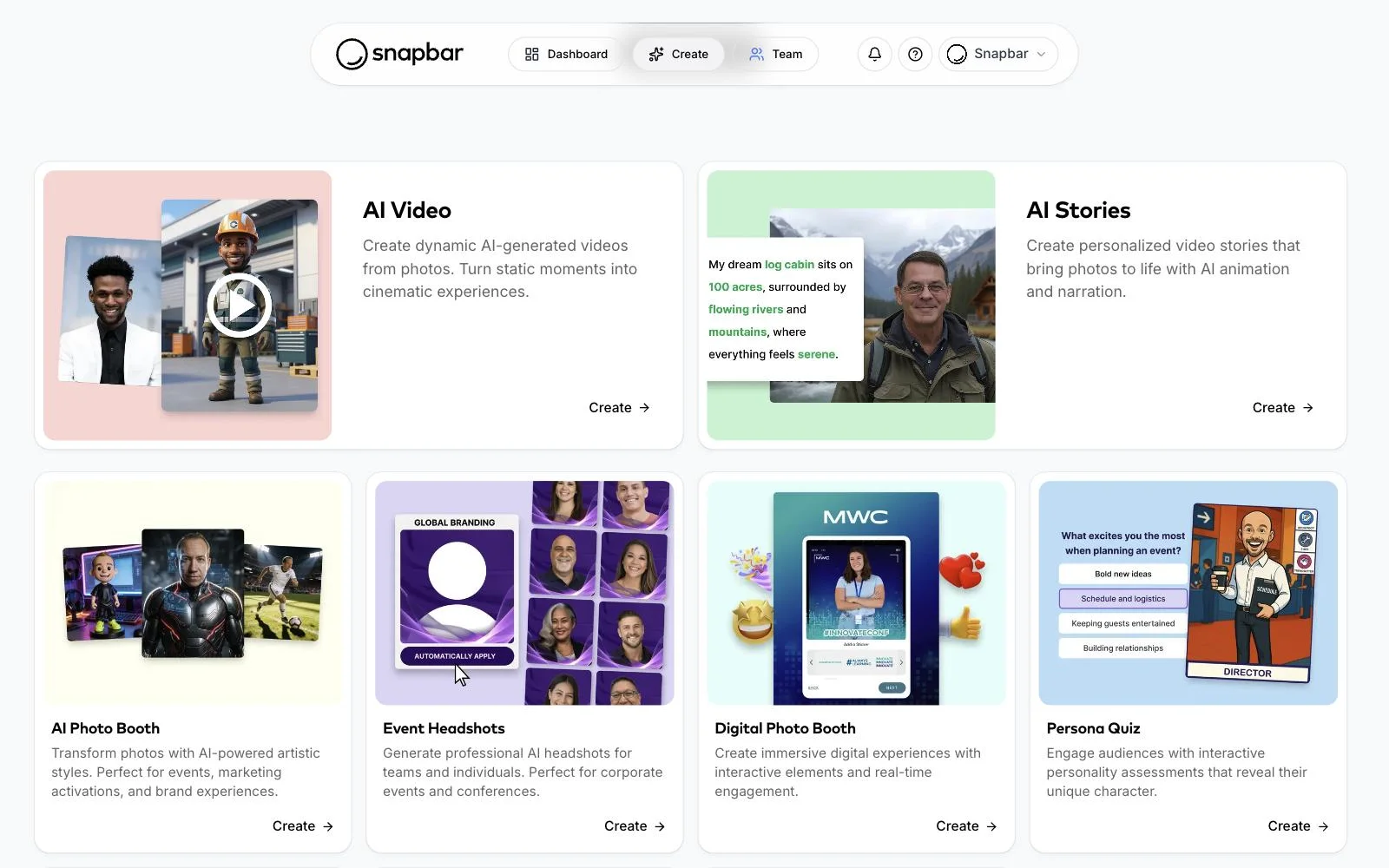 Snapbar dashboard: gallery of experience types