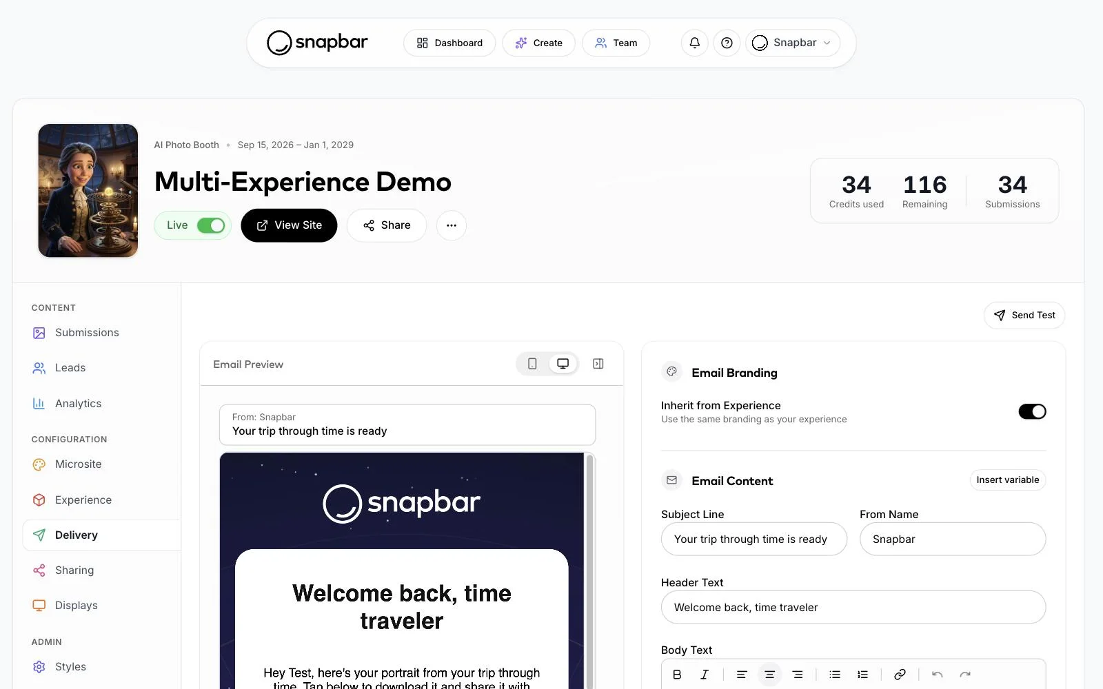 Snapbar dashboard: delivery email editor
