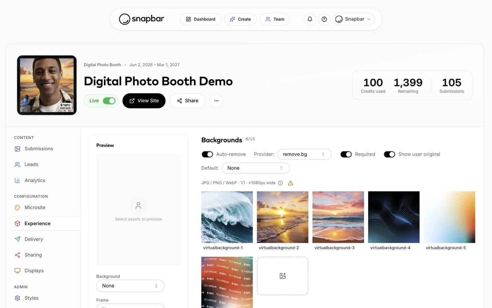Snapbar dashboard: background settings for a digital photo booth