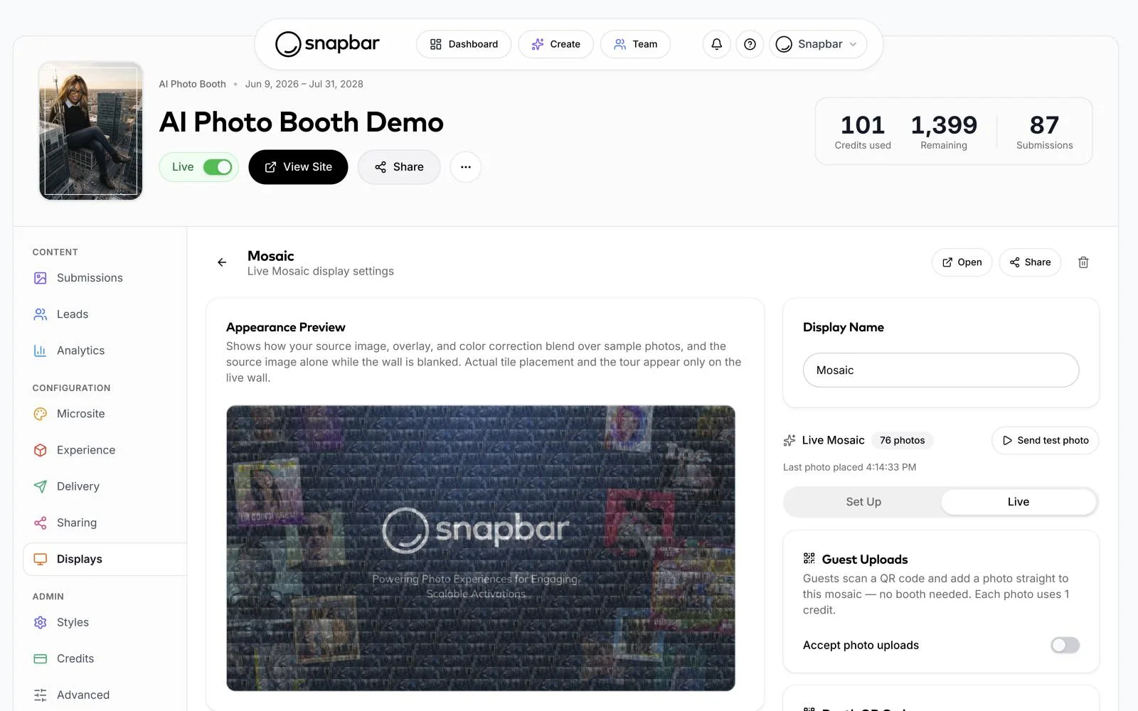 Snapbar dashboard: mosaic display settings