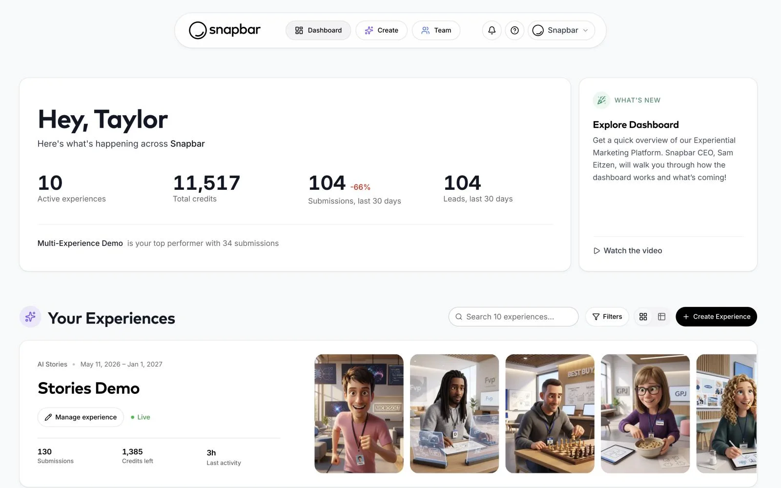 Snapbar dashboard: home overview