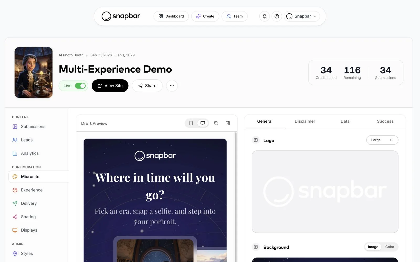 Snapbar dashboard: microsite editor