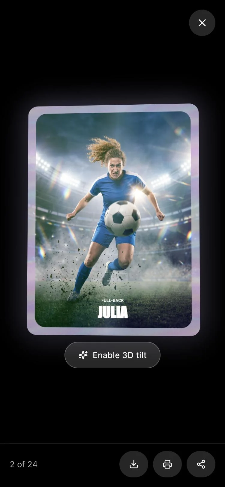Snapbar Trading Cards on a phone: a holographic player card