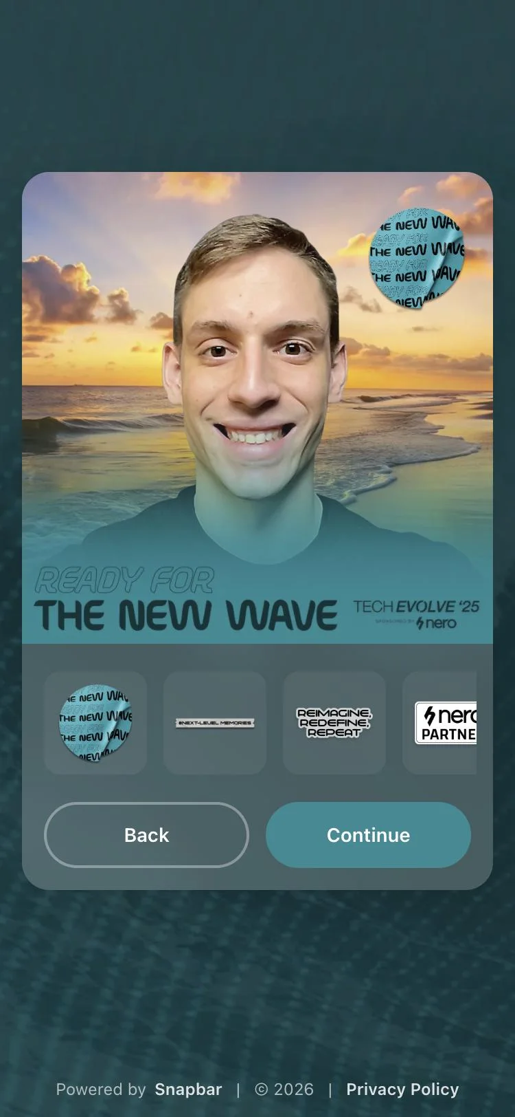 Snapbar Digital Photo Booth on a phone: a framed photo with a sticker tray