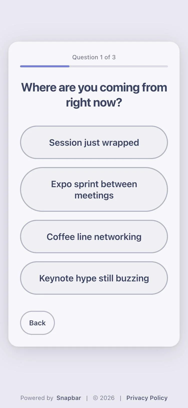 Snapbar Persona Quiz on a phone: the first quiz question