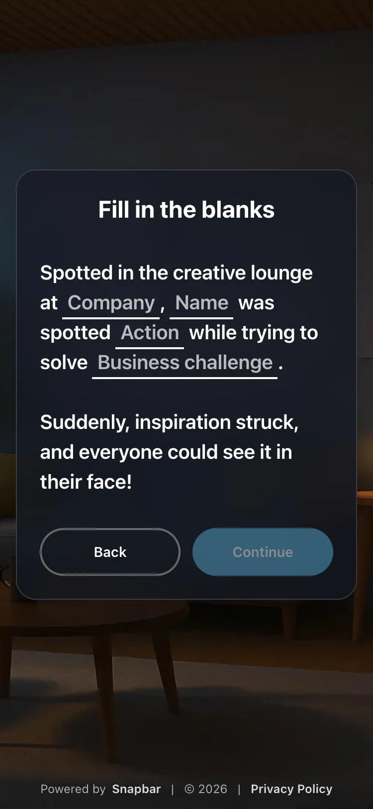 Snapbar AI Stories on a phone: a fill-in-the-blanks story