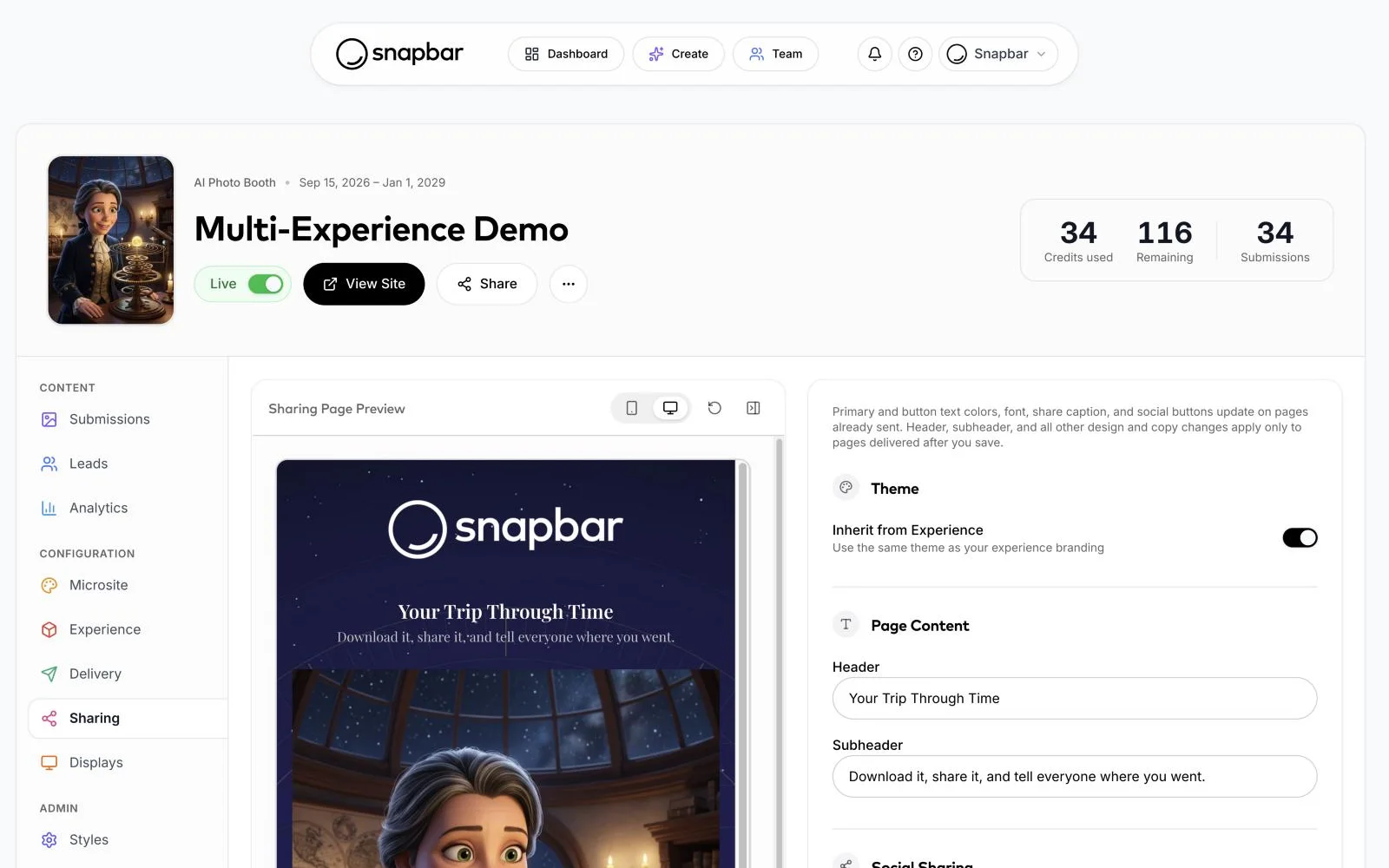 Snapbar dashboard: sharing page editor