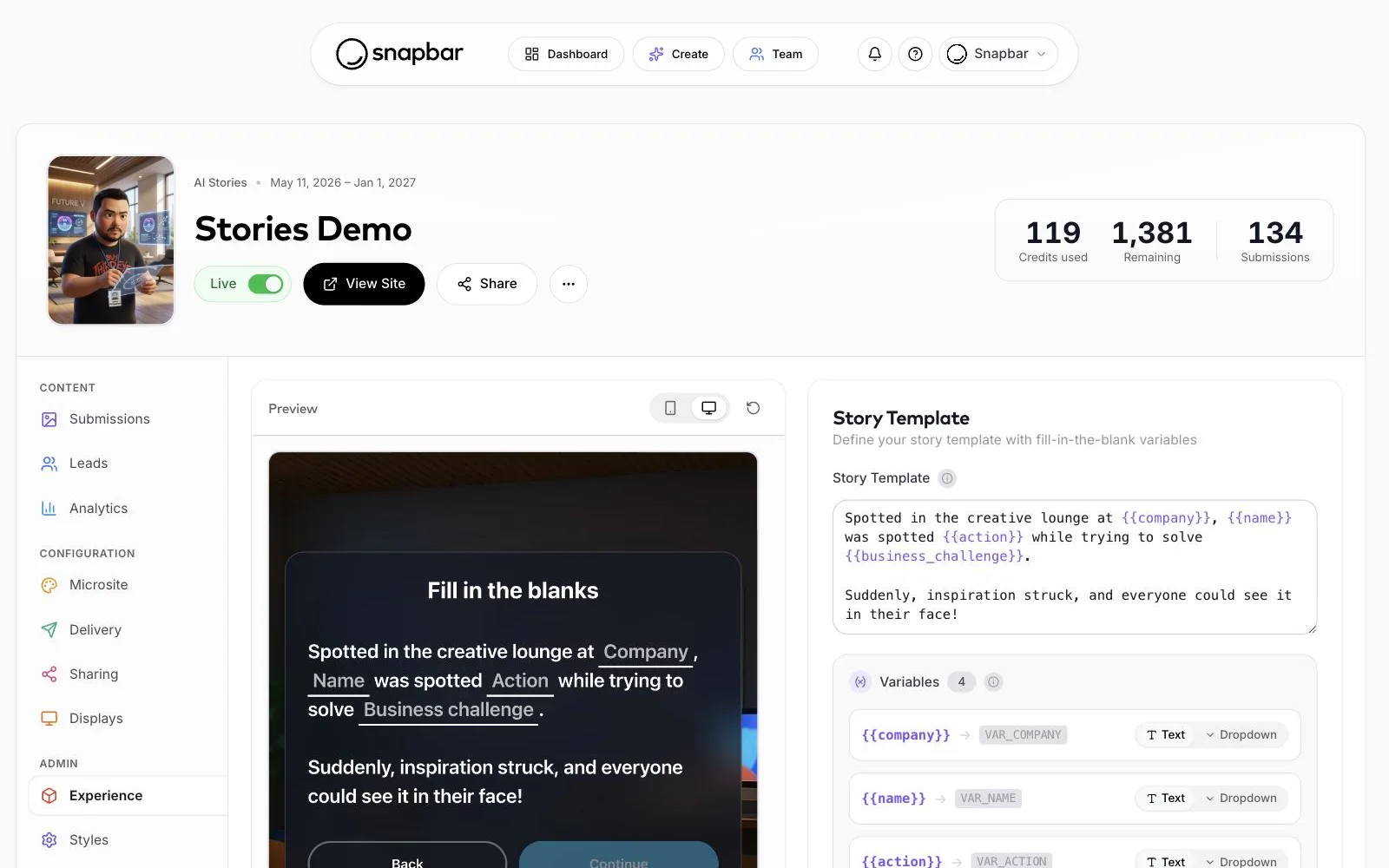 Snapbar dashboard: story template editor for AI Stories