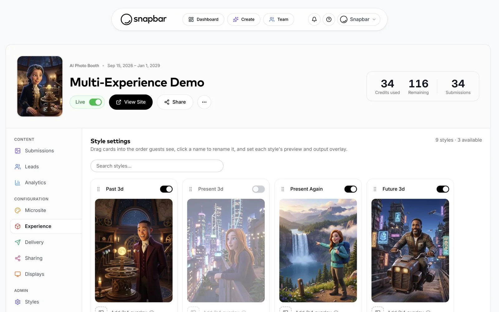 Snapbar dashboard: style settings for an AI photo booth