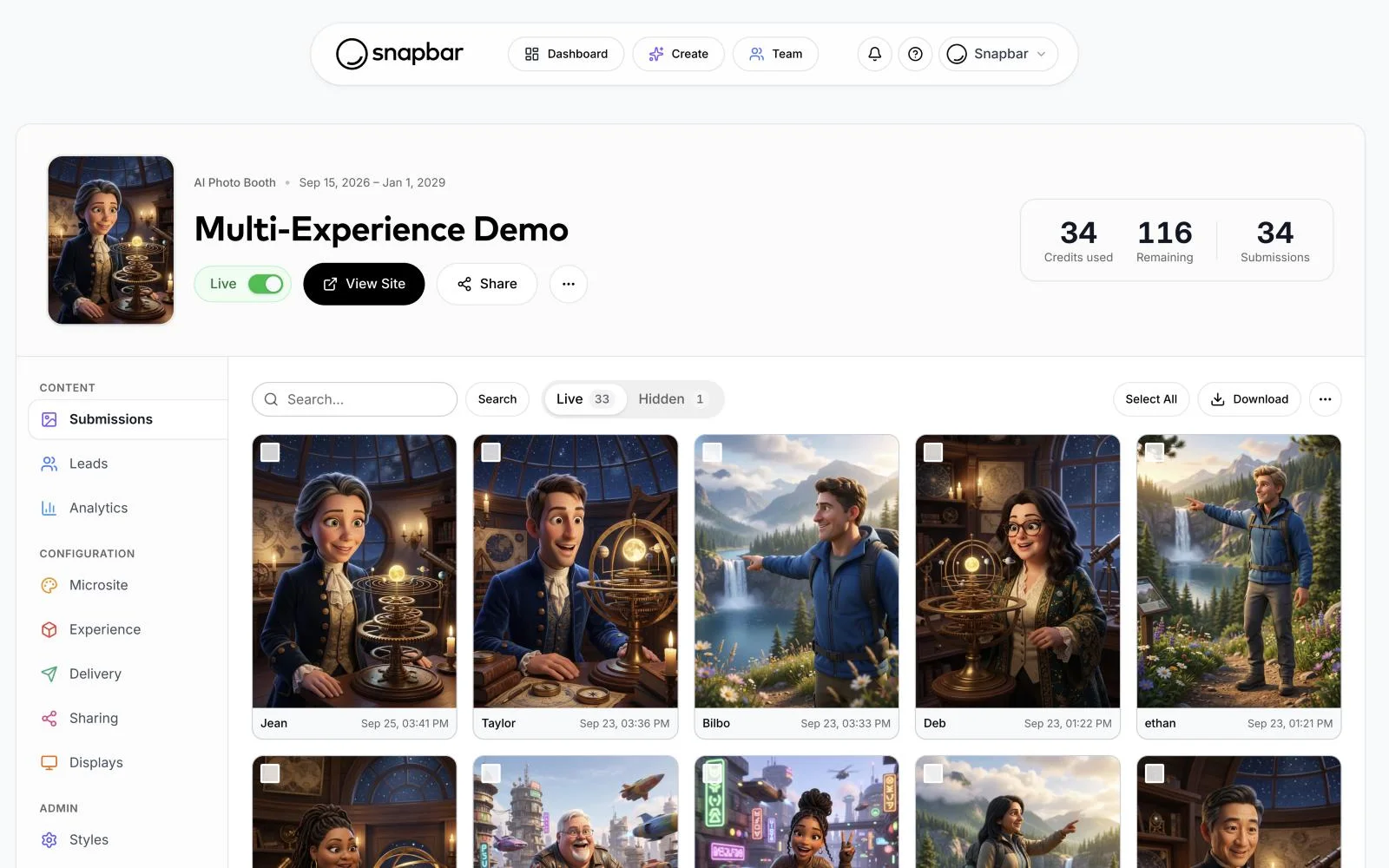 Snapbar dashboard: submissions