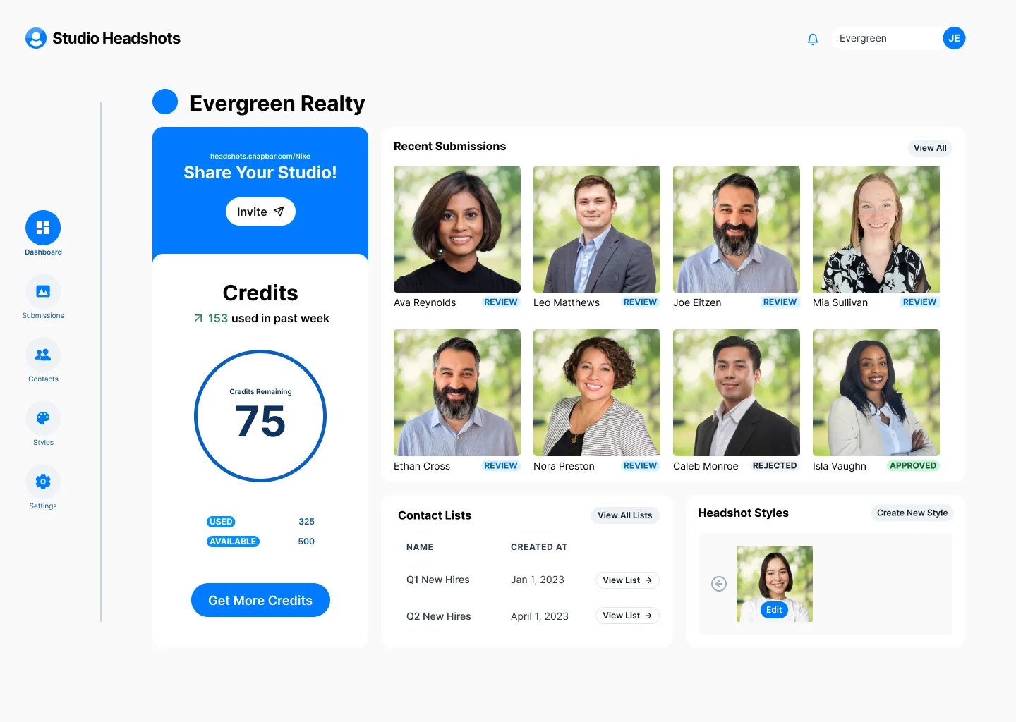 Studio Headshots dashboard overview
