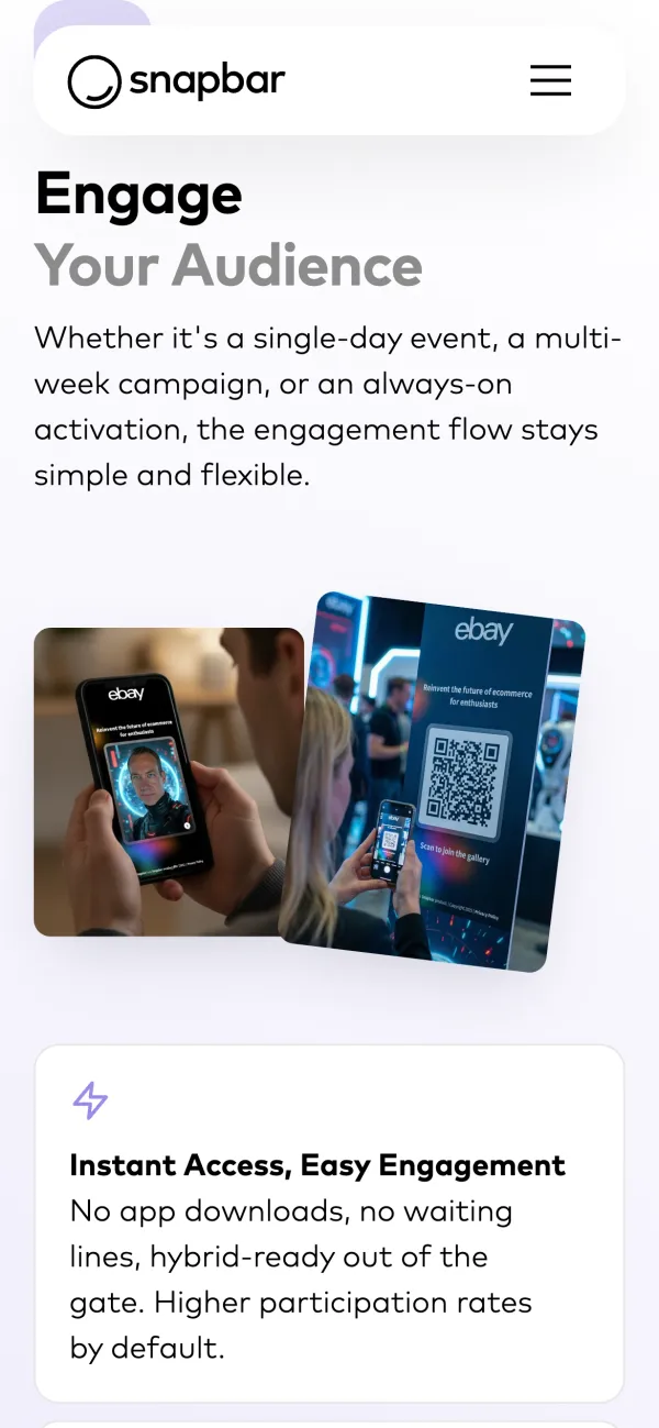 Snapbar website on mobile: engage