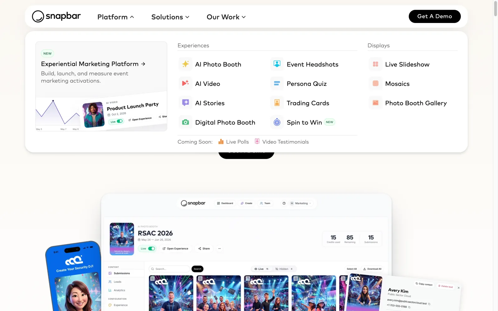 Snapbar website: platform menu