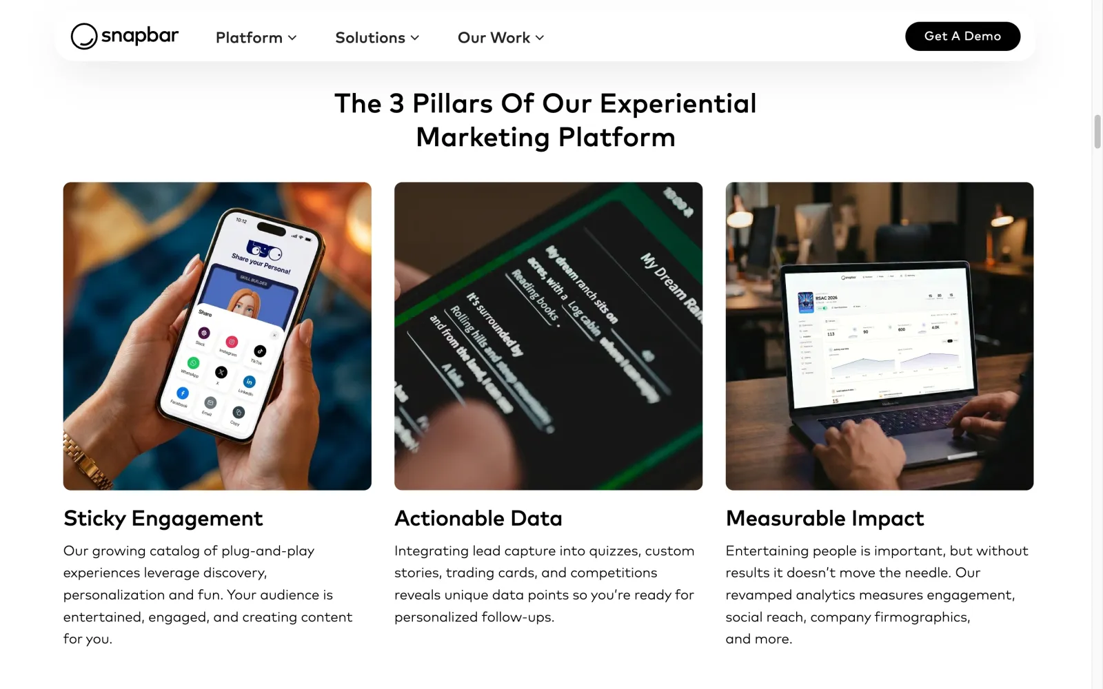 Snapbar website: three pillars